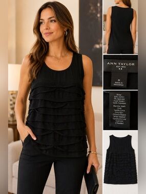 Ann Taylor Black Pleated Sleeveless Blouse Top Size Medium